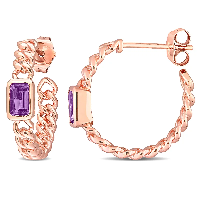 Miadora 10k Rose Gold Amethyst Link Open Hoop Octagon Earrings