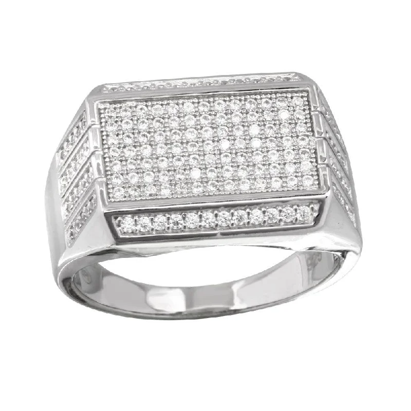 Rhodium Plated 925 Sterling Silver Men's Rectangular Ring with CZ - GMR00220