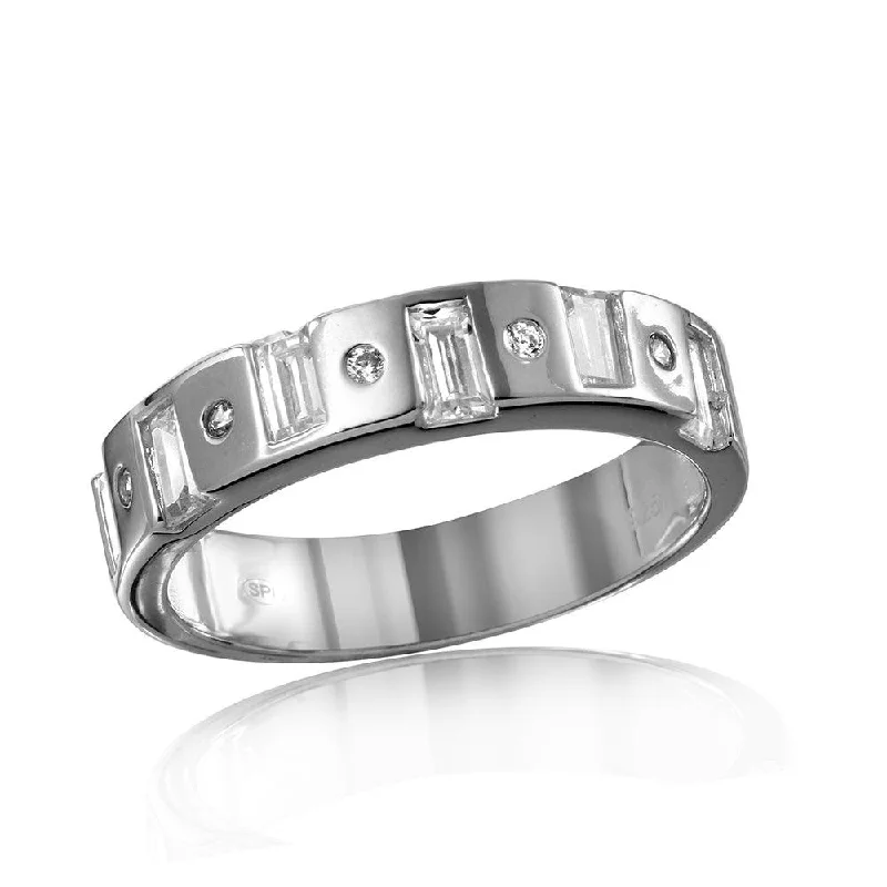 Mens Sterling Silver 925 Rhodium Plated Matching Baguette CZ Band - GMR00111