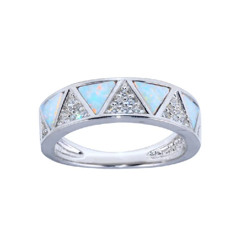 Rhodium Plated 925 Sterling Silver Opal Stone Triangle With CZ Ring - BGR01317