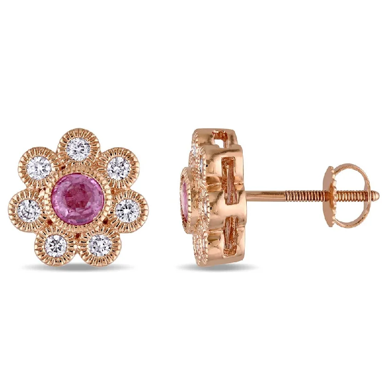 Miadora Signature Collection 14k Rose Gold Pink Sapphire and 4/5ct TDW Diamond Flower Stud Earrings (G-H, SI1-SI2)