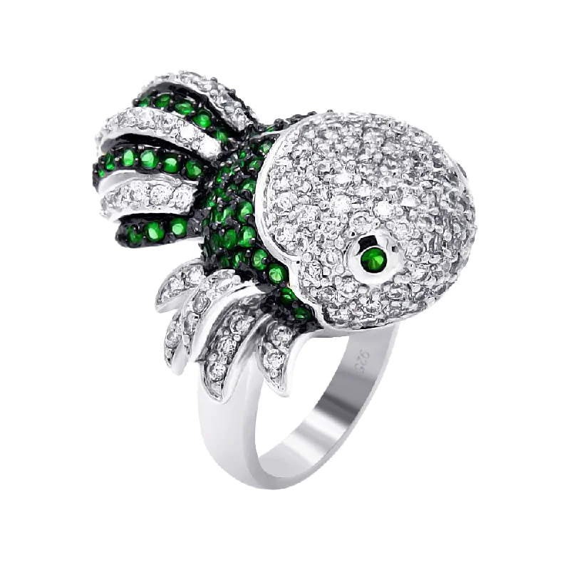 Clearance-Silver 925 Rhodium and Black Rhodium Plated 2 Toned Clear and Green CZ Guppy Fish Ring - BGR00358