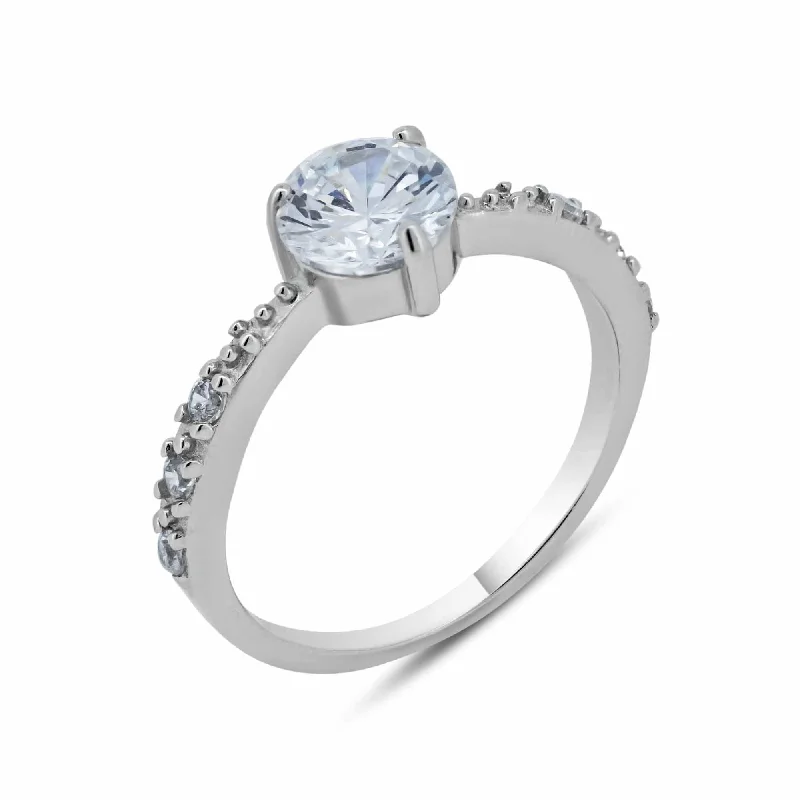 Silver 925 Rhodium Plated Round Center Clear CZ Bridal Ring - BGR00539