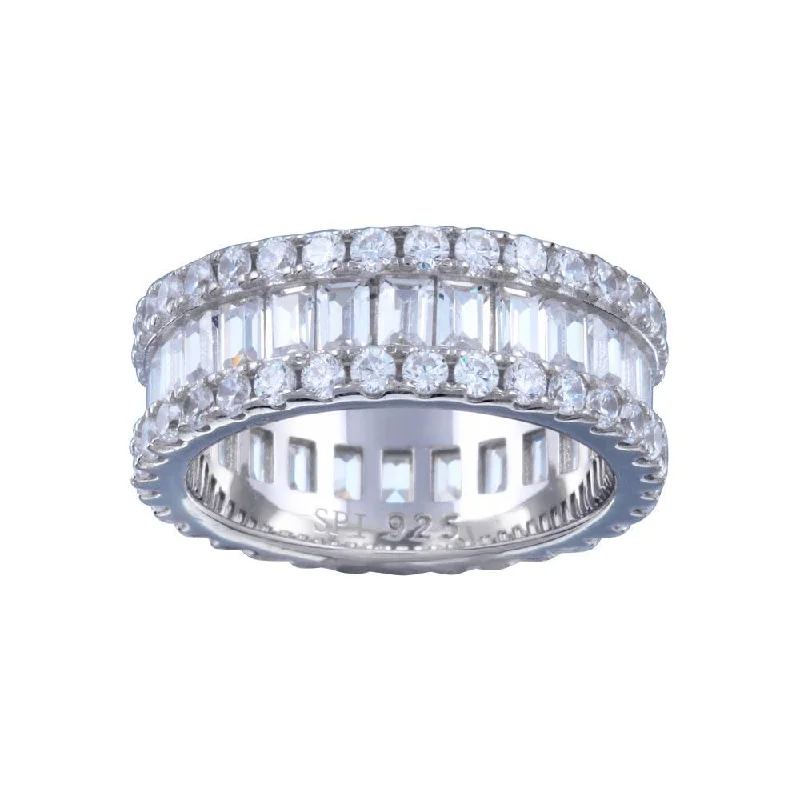 Rhodium Plated 925 Sterling Silver CZ Baquette Band with Border Ring  - STR01144