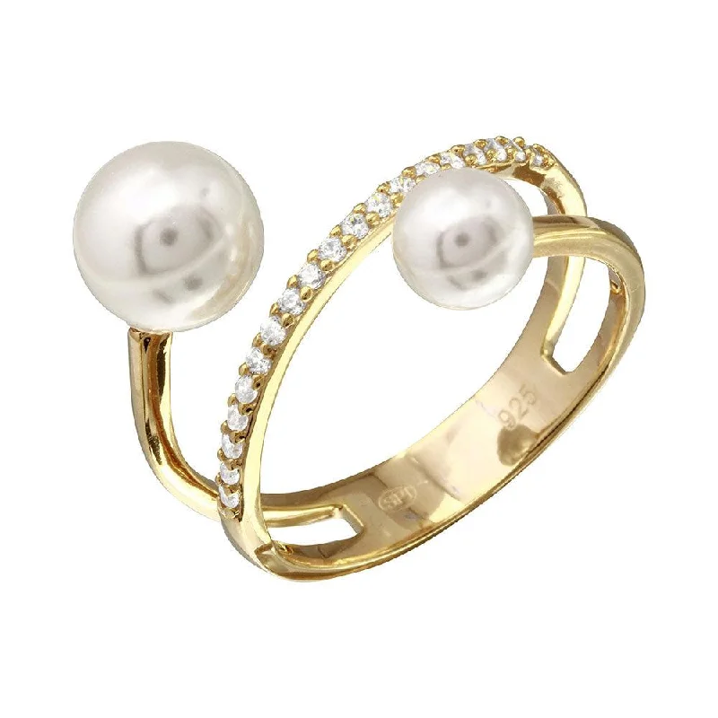 Gold Plated 925 Sterling Silver Synthetic Pearl Ended Loop CZ Ring - GMR00206GP