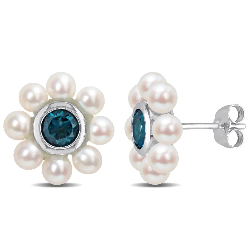 Miadora Freshwater Cultured Pearl and Blue Topaz Floral Earrings in 10k White Gold (3.5-4mm)