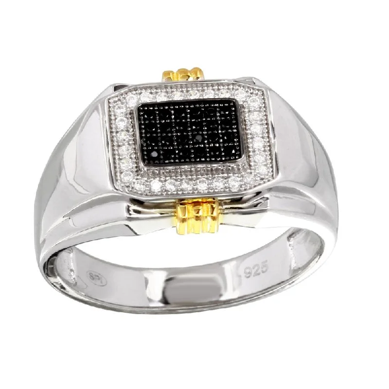 Two-Tone 925 Sterling Silver Men's Rectangular Ring with CZ - GMR00221RG