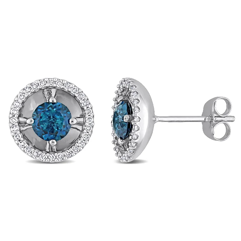 Miadora London-Blue Topaz and 1/5ct TDW Diamond Halo Stud Earrings in 10k White Gold