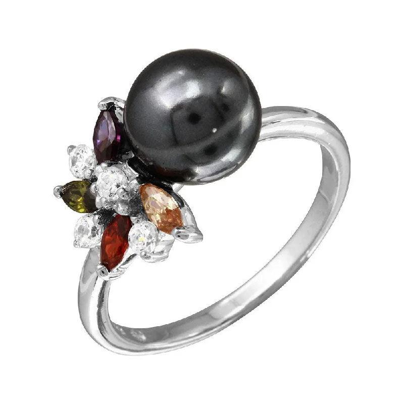 Rhodium Plated 925 Sterling Silver Multi Color CZ Flower Ring with Black Synthetic Pearl - BGR01097