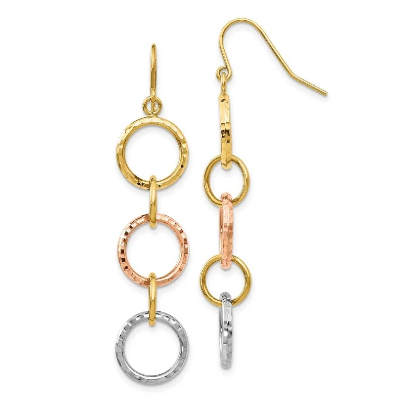 Curata 14k Tri Color Gold 59x11mm Diamond-cut Circles Dangle Hook Earrings