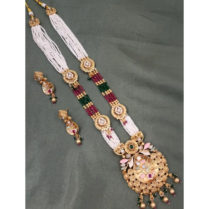 Akruti Collection Gold Plated Kundan Stone Meenakari Pearls Long Necklace Set