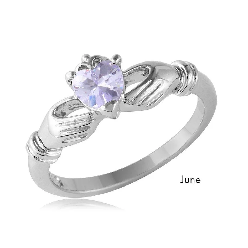 June Sterling Silver 925 Rhodium Plated CZ Center Birthstone Claddagh Ring - BGR01083JUN