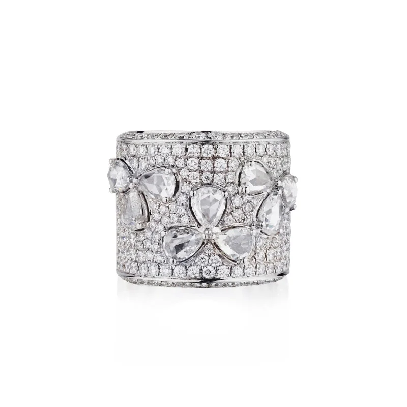 ROSE CUT FLORAL DIAMOND RING ON DIAMOND BAND