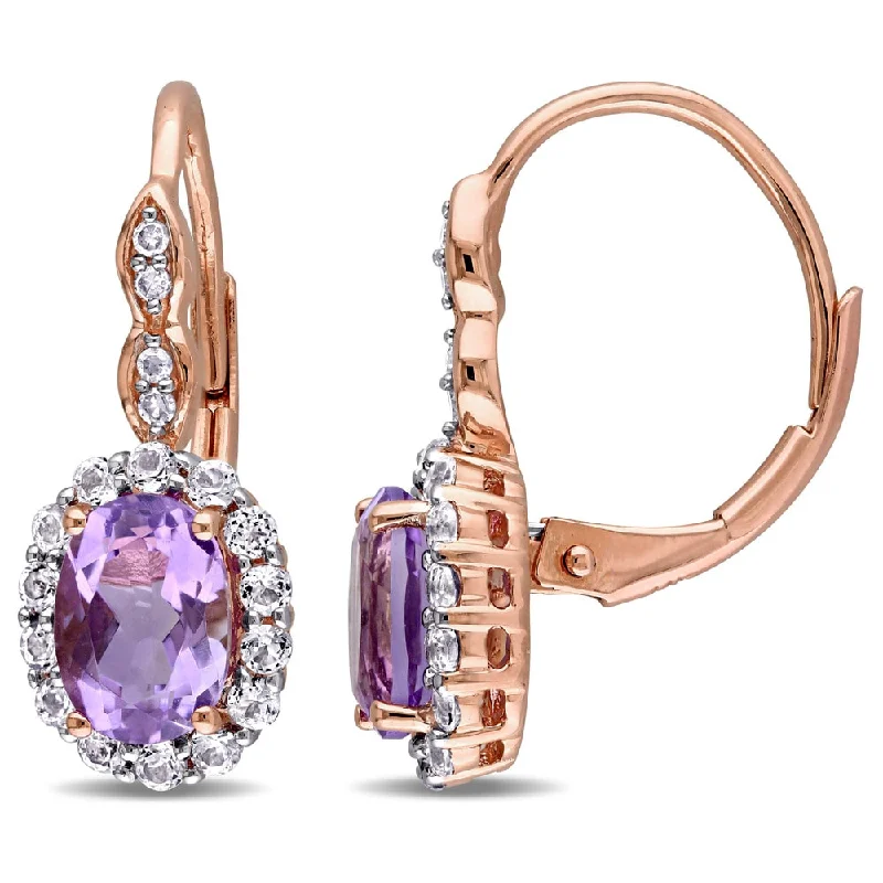 Miadora 14k Rose Gold Oval-cut Amethyst White Topaz and Diamond Accent Halo Leverback Earrings - Purple