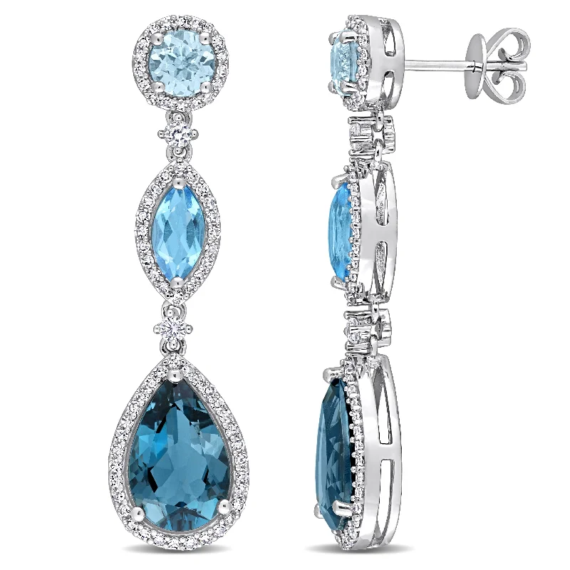 Miadora Blue Topaz, White Sapphire & 5/8ct TDW Diamond 3-Tier Halo Drop Earrings in 14k White Gold