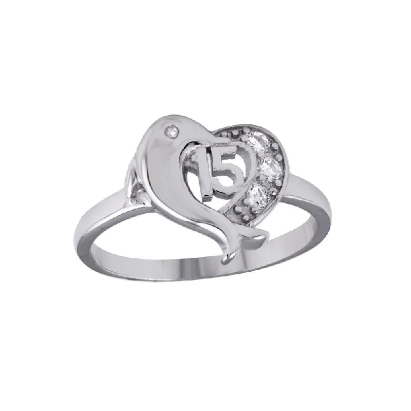 Rhodium Plated 925 Sterling Silver Crown 15 Heart Dolphin Ring with CZ - TMR00007