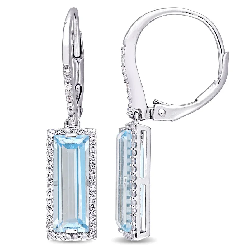 Miadora Sterling Silver Baguette-Cut Sky-Blue Topaz and White Sapphire Halo Dangle Leverback Earrings