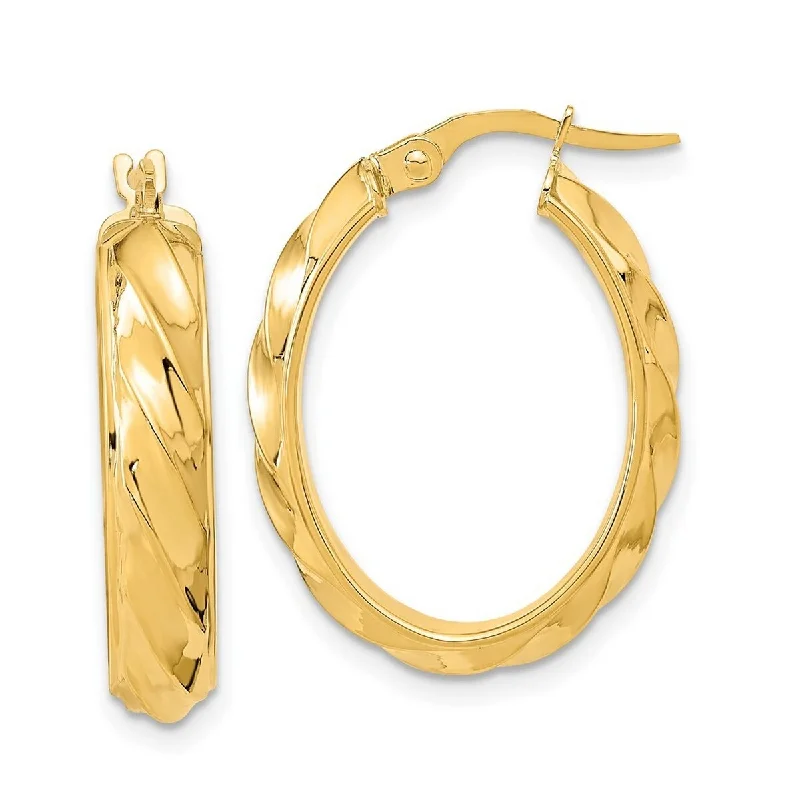 Curata 14k Yellow Gold Polished andStriped 25.4x4.75mm Oval Hoop Earrings