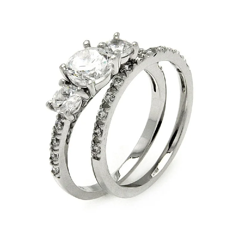 Silver 925 Rhodium Plated 3 Stone Set Round CZ Bridal Ring Set - BGR00461