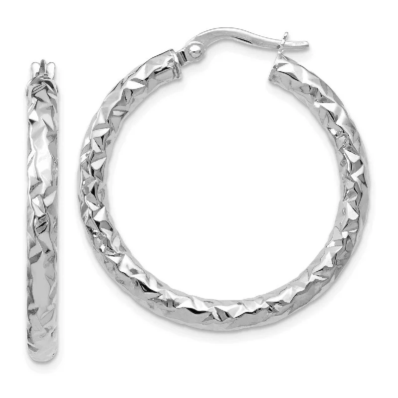 Curata 14k Foreverlite White Gold Hinged hoop Polished and Textured Earrings - 30x18.75mm Wide 3mm Thick