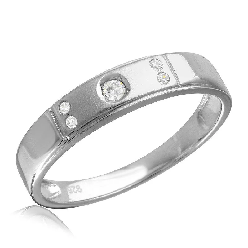 Rhodium Plated 925 Sterling Silver Matte Finish 5 CZ Wedding Ring - GMR00145