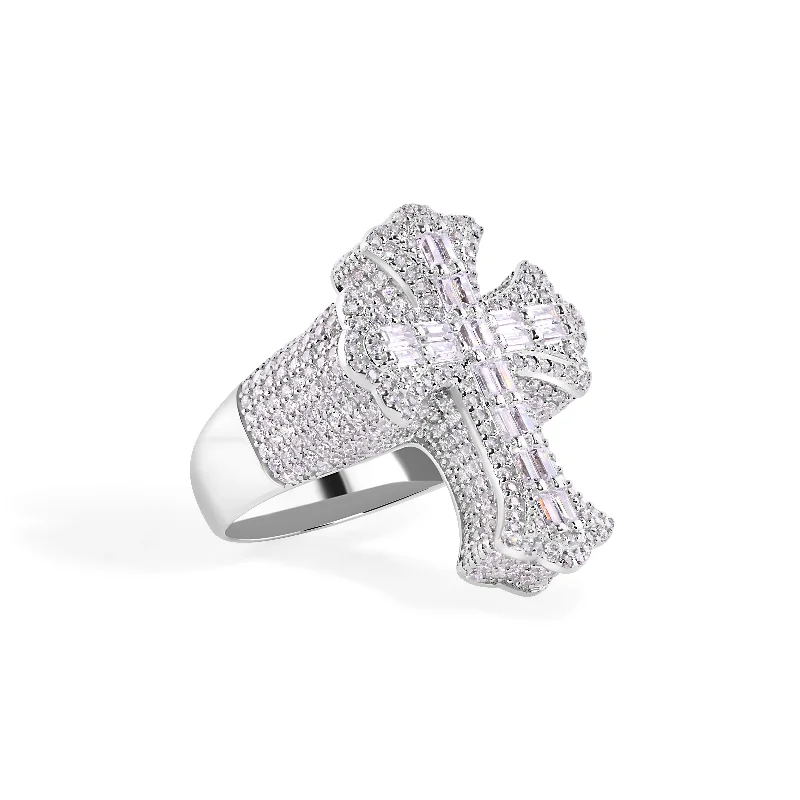 Rhodium Plated 925 Sterling Silver Men's Fleur De Lis Baguette Cross Cut Clear CZ 28.5mm Ring - GMR00391