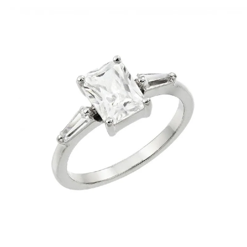 Silver 925 Rhodium Plated Clear Rectangular Center CZ Ring - BGR00889