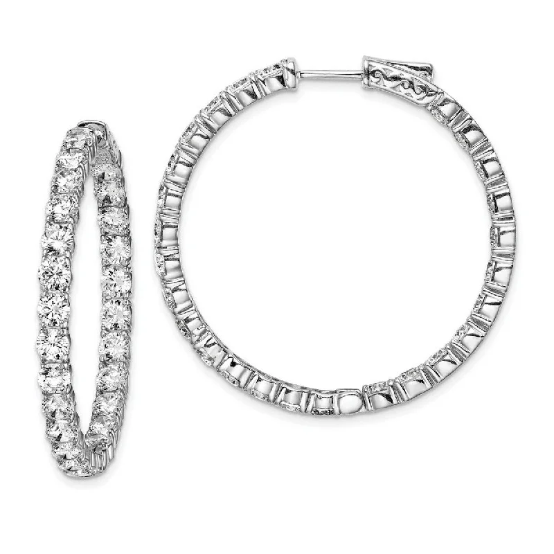 Curata 925 Sterling Silver Polished Safety clasp Rhodium Plated With CZ Cubic Zirconia Hinged Hoop Earrings