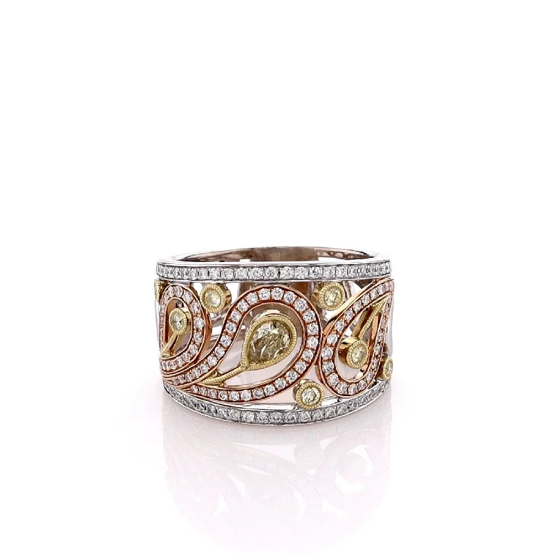 Estate Simon G 18k Tri Tone Paisley Design Yellow and White Diamond Ring