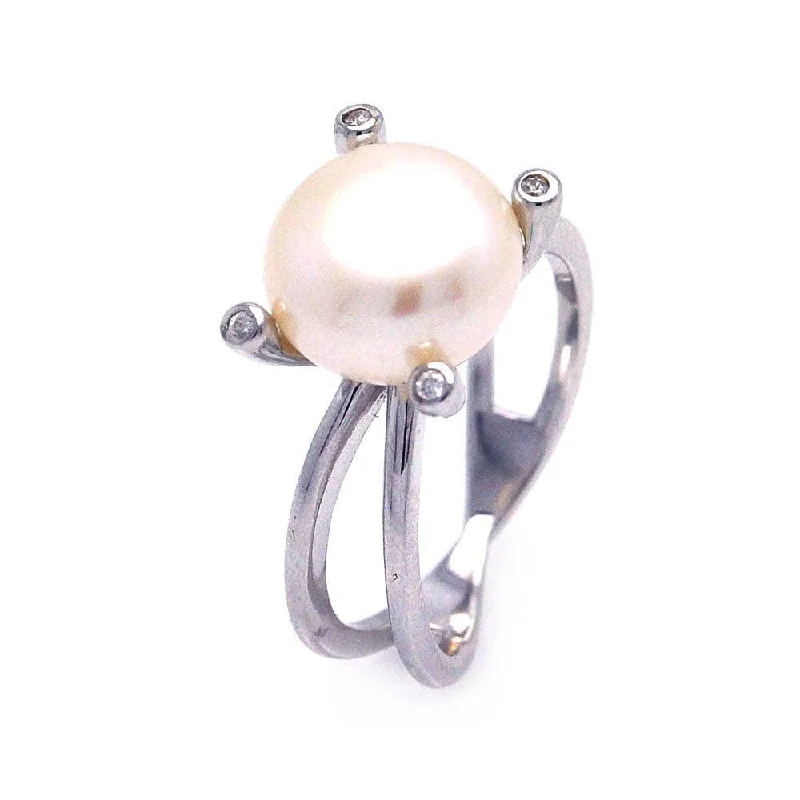 Silver 925 Rhodium Plated Pearl Center CZ Ring - STR00693