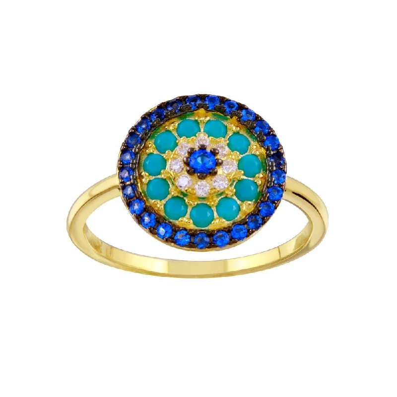 Gold Plated 925 Sterling Silver Turquoise Blue Clear CZ Round Evil Eye Ring - BGR01336