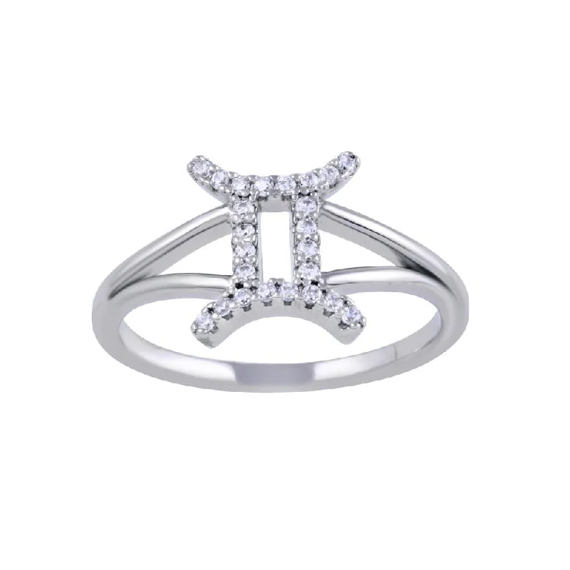 Rhodium Plated 925 Sterling Silver Gemini CZ Zodiac Sign Ring - BGR01323