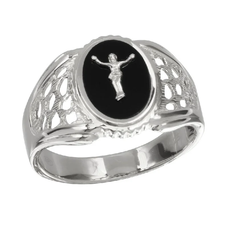 Rhodium Plated 925 Sterling Silver Black Oval Body of Christ Ring - GMR00241RH