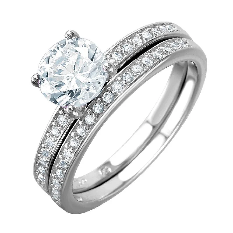 Silver 925 Rhodium Plated Bridal Ring with Round CZ Center Stone - BGR01004