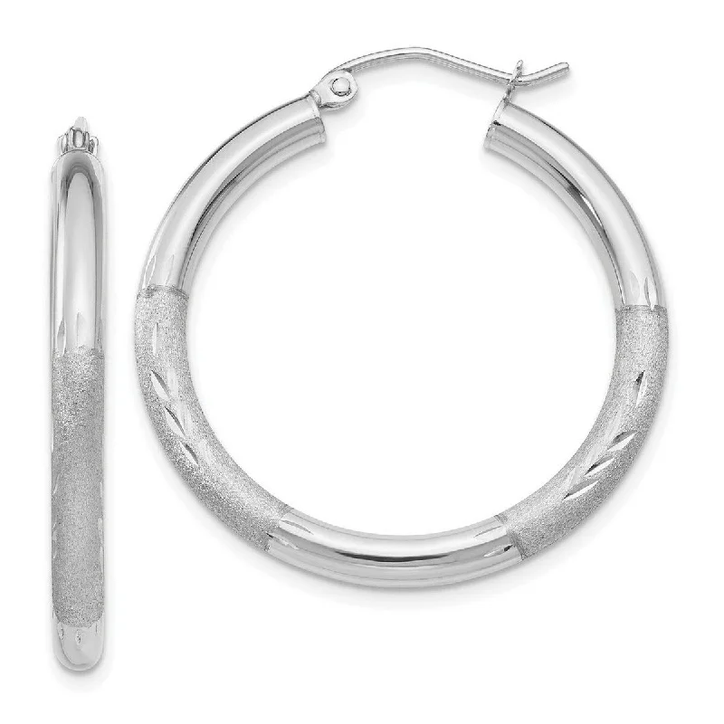 Curata 10k White Gold Satin and Sparkle Cut 3x31mm Round Hoop Earrings