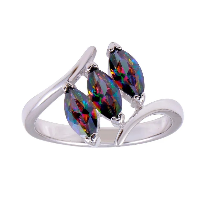 Rhodium Plated 925 Sterling Silver 3 Oval Mystic Topaz CZ Ring - BGR01260