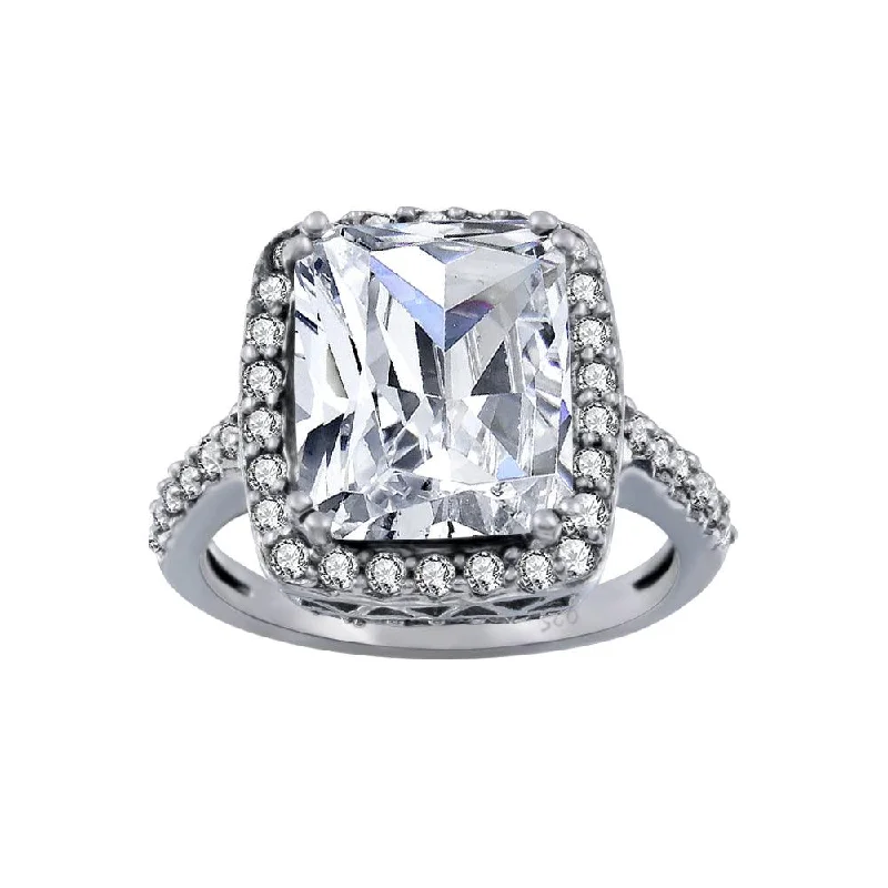 Rhodium Plated 925 Sterling Silver Clear Cluster CZ Square Ring - ACR00008