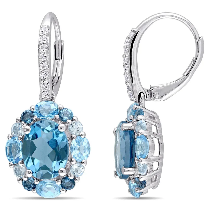 Miadora Sterling Silver Blue and White Topaz Leverback Floral Cluster Halo Drop Earrings