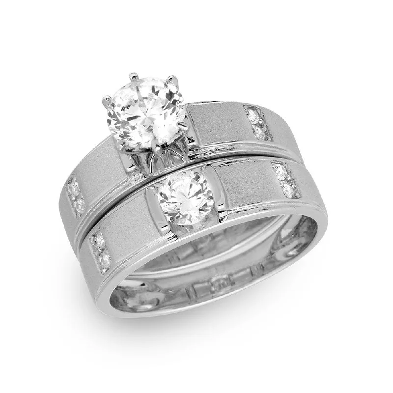 Silver 925 Rhodium Plated with Matte Finish Round Center Trio Bridal Ring - GMR00190