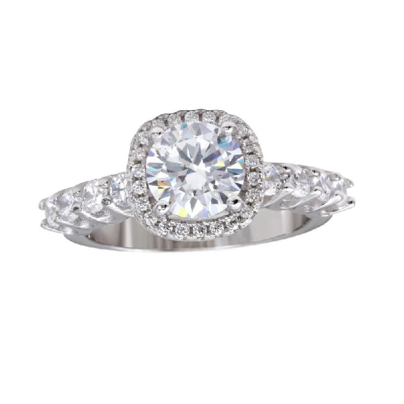 Rhodium Plated 925 Sterling Silver Round CZ Square Shape Halo Ring with CZ Shank - BGR01229