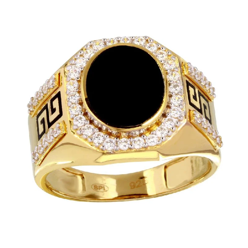 Gold Plated 925 Sterling Silver Men's Flat Oval Onyx Ring with CZ - GMR00250GR