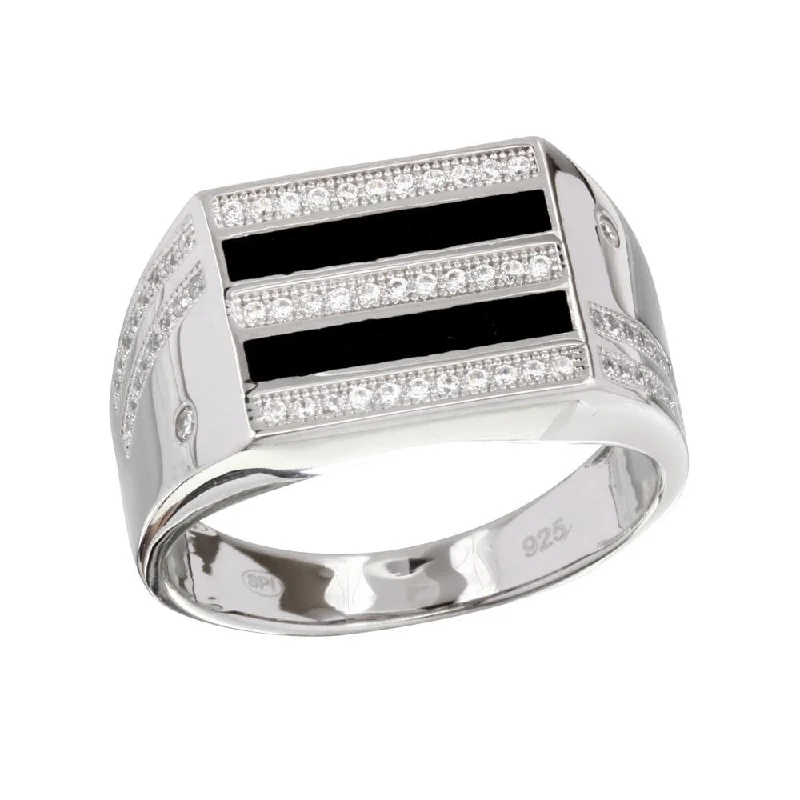 Two-Tone 925 Rhodium Plated 925 Sterling Silver Black Enamel CZ Men's Ring - GMR00217