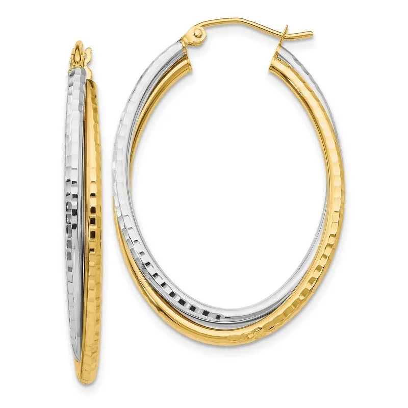 Curata 14K Two-tone Gold 22x5mm Double Diamond-cut Oval Hoop Earrings