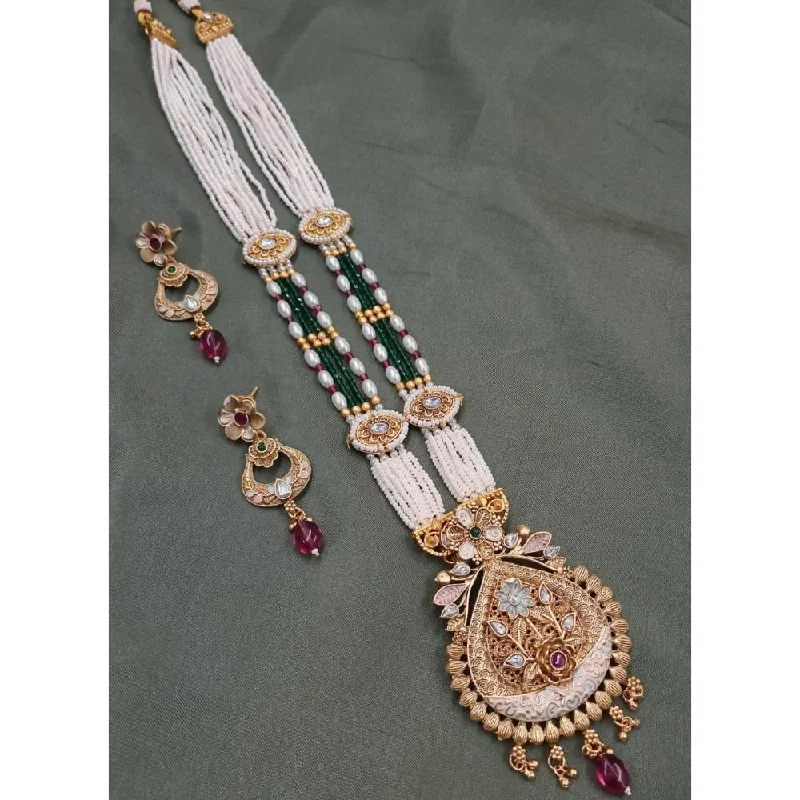 Akruti Collection Gold Plated Kundan Stone Meenakari Pearls Long Necklace Set