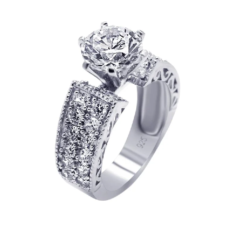 Silver 925 Rhodium Plated Pave Set Clear Round Center CZ Engagement Ring - AAR0081