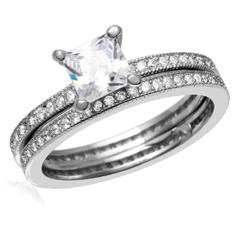 Silver 925 Rhodium Plated Center Square CZ Bridal Wedding Ring Set - BGR01007