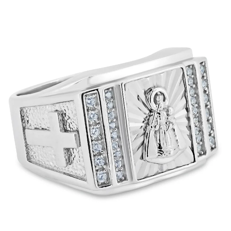 Rhodium Plated 925 Sterling Silver Religious Saint CZ Ring - GMR00348