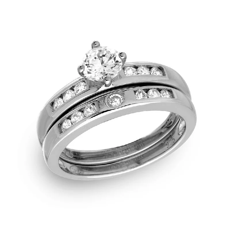 Silver 925 Rhodium Plated Round Pave Center Set Bridal Ring - GMR00134