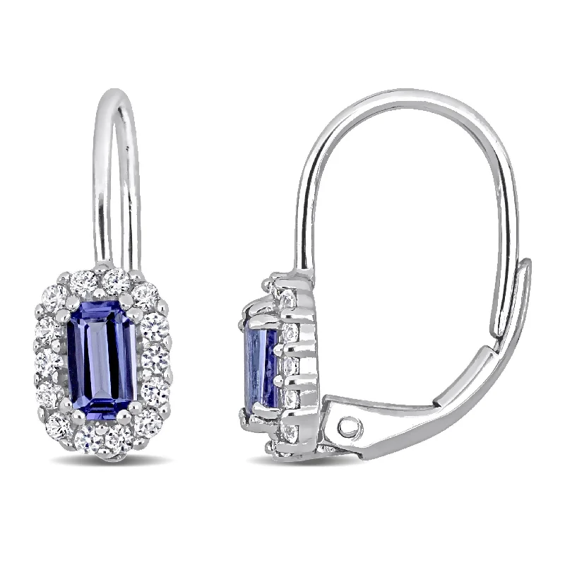 Miadora Octagon-cut Tanzanite and White Sapphire Halo Leverback Drop Earrings in 10k White Gold