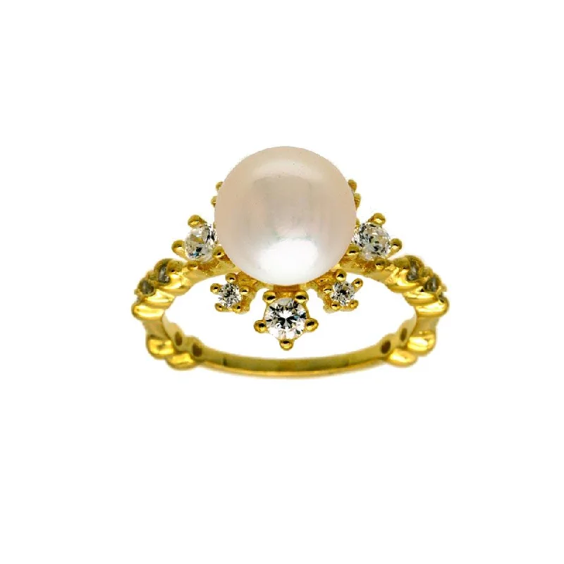 Gold Plated 925 Sterling Silver White Pearl Flower Ring with CZ - BGR01300